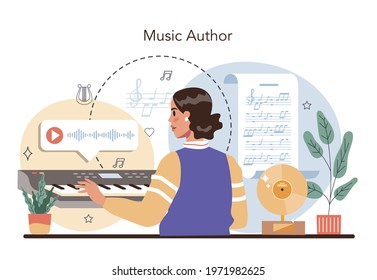 Musician Concept. Author Writing Music And Playing It With An Instrument. Composer Making Music With Professional Equipment. Vector Flat Illustration.