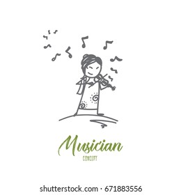Musician concept. Hand drawn portrait of female musician. Woman playing the violin isolated vector illustration.