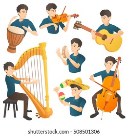 Musician concept set. Cartoon illustration of 7 musician girl vector concepts for web