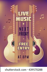 Musician concert show poster with acoustic guitar. Vector illustration. vector poster template. Printable concert promotion in bars, bars, public places.