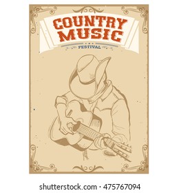 Musician in cowboy hat playing guitar Country music festival background for text.