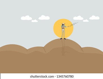 musician cowboy style playing guitar on the mountain with the sun and cloud background illustration vector