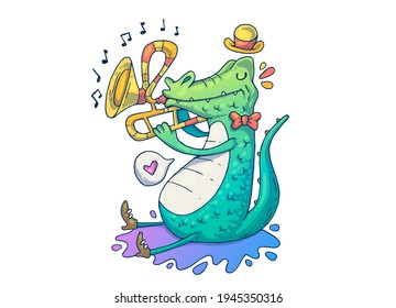 Musician crocodile. Creative cartoon illustration. Picture for print, advertising, applications and T-shirt print.