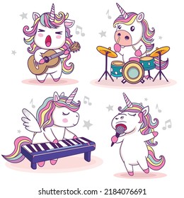 Dibujo vectorial del músico Cute unicornio.Banda de música rock y roll.Tarjeta de saludo, afiche, impresión, diseño de camisetas para niños, concepto de fiesta, libros infantiles, impresiones, fondos de pantalla. Vector unicornio.Patrón animal