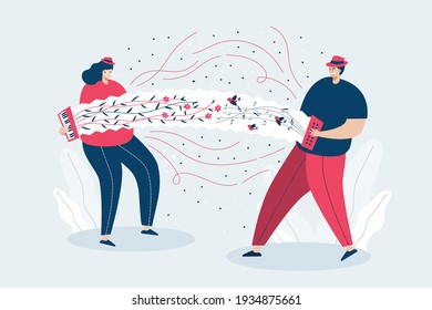 Musician doing music web template, cartoon style Screen web template for mobile phone, landing page, template, UI, web, mobile app, poster, banner, flat Vector illustration