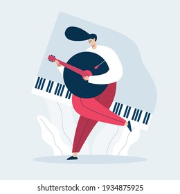 Musician doing music web template, cartoon style Screen web template for mobile phone, landing page, template, UI, web, mobile app, poster, banner, flat Vector illustration
