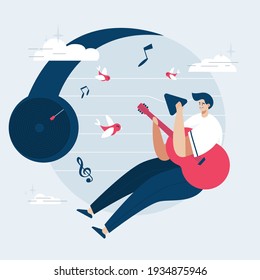 Musician doing music web template, cartoon style Screen web template for mobile phone, landing page, template, UI, web, mobile app, poster, banner, flat Vector illustration
