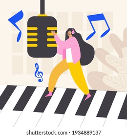 Musician doing music web template, cartoon style Screen web template for mobile phone, landing page, template, UI, web, mobile app, poster, banner, flat Vector illustration