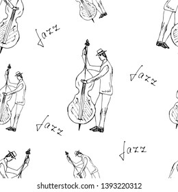 The musician with the double bass. Seamless pattern. Vector illustration.