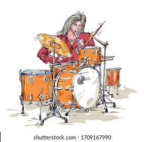 A musician with a drum set in the style of the 60s, with long hair and red shirt. Vector.