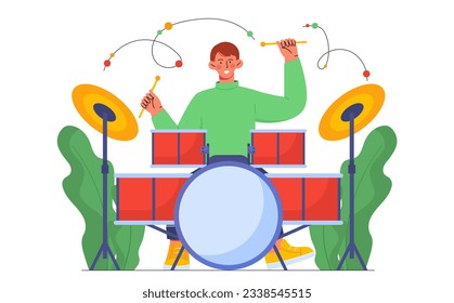 Musician drummer plays concept. Young guy with musical instrument. Creativity and art. Performance and show. Rhythm and percussion. Percussionist with instruments. Cartoon flat vector illustration