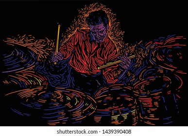 Musician with drums. Jazz drummer  player abstract vector illustration with large strokes of paint. Music poster