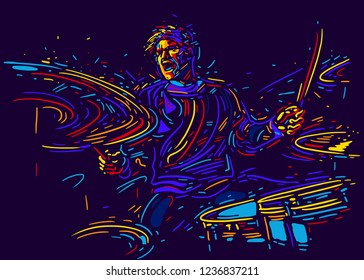 Musician with drums. Rock drummer  player abstract vector illustration with large strokes of paint. Music poster