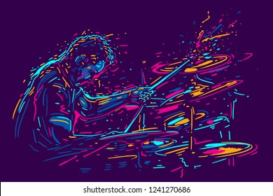 Musician with drums. Rock drummer  player vector illustration abstract expressive style. Music poster
