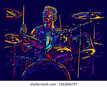 Musician with drums. Rock drummer  player abstract vector illustration with large strokes of paint. Music poster