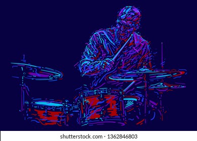 Musician with drums. Rock drummer  player abstract vector illustration with large strokes of paint. Music poster