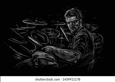 Musician with drums. Rock drummer  player abstract black and white vector illustration sketch style. Music poster