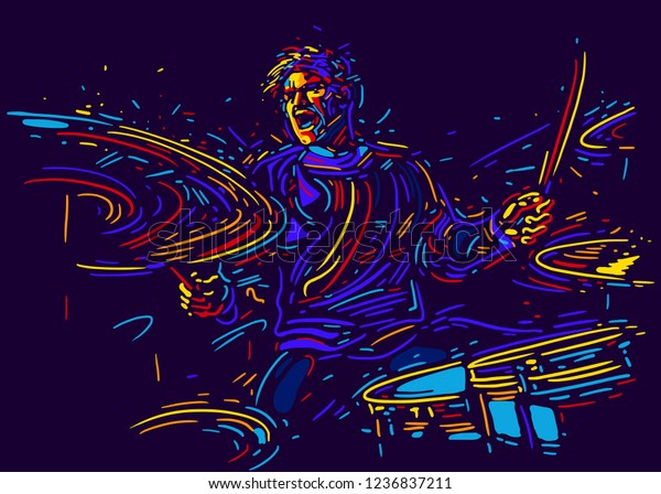 Musician with drums.\
Rock drummer  player abstract vector illustration with large\
strokes of paint. Music\
poster