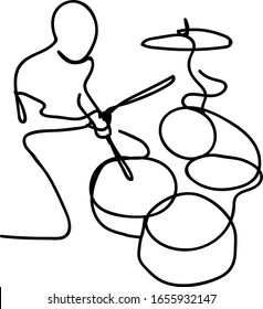 Musician with drums. Single continuous line drawing of young happy male drummer performing to play drum on music concert stage. Rock