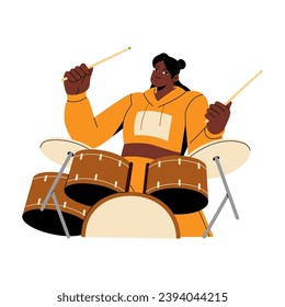 Un músico con tambores actúa en el kit de tambores. El tambor hace latido, ritmo. Las jóvenes estudian para tocar instrumentos de percusión en clases de música. Ilustración vectorial aislada plana sobre fondo blanco