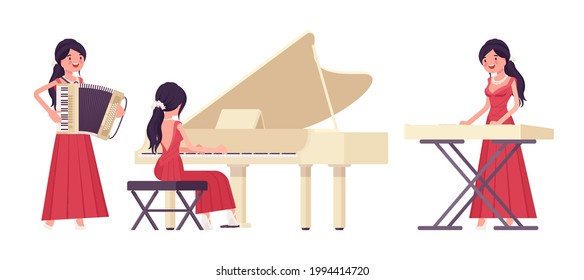 Musician, elegant evening dress woman playing professional keyboard instruments. Classical music event, concert, party performance. Vector flat style cartoon illustration isolated, white background