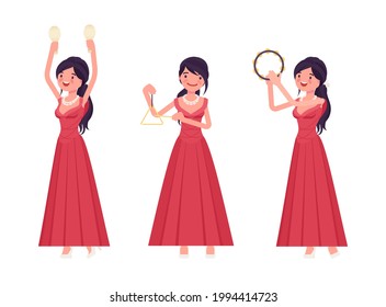 Musician, elegant evening dress woman playing professional percussion instruments. Classical music event, concert, party performance. Vector flat style cartoon illustration isolated, white background