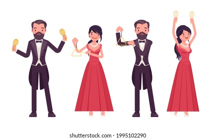 Musician, elegant man, woman playing professional percussion instruments. Classical music event, concert, wedding party performance. Vector flat style cartoon illustration isolated, white background