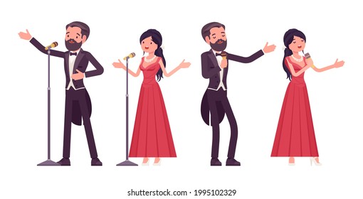 Músico, cantante elegante, cantante profesional de conciertos. Acto de música clásica, ceremonia, fiesta de bodas. Ilustración de dibujos animados de estilo plano vectorial aislada, fondo blanco