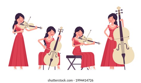 Musician, elegant red evening dress woman playing string bow instruments. Classical music event, concert, wedding party performance. Vector flat style cartoon illustration isolated, white background