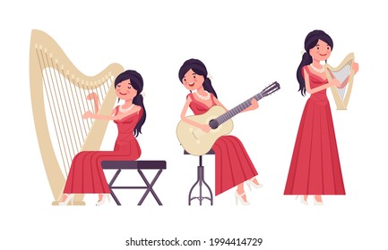 Música, elegante vestimenta de noche roja mujer jugando instrumentos de cuerdas profesionales. Evento de música clásica, concierto, actuación de fiesta. Ilustración de dibujos animados de estilo plano vectorial aislada, fondo blanco