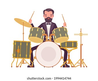 Músico, elegante esmoquín tocando tambores profesionales, equipo de percusión. Evento de música clásica, concierto, fiesta de bodas. Ilustración de dibujos animados de estilo plano vectorial aislada, fondo blanco