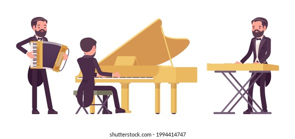 Musician, elegant tuxedo man playing professional keyboard instruments. Classical music event, concert, wedding party art performance. Vector flat style cartoon illustration isolated, white background
