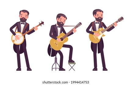 Musician, Elegant Tuxedo Man Playing Professional Banjo, Guitar Instruments. Classical Music Event, Concert, Wedding Art Performance. Vector Flat Style Cartoon Illustration Isolated, White Background