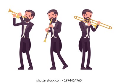Musician, elegant tuxedo man playing professional wind instruments. Classical music event, concert, wedding party art performance. Vector flat style cartoon illustration isolated, white background