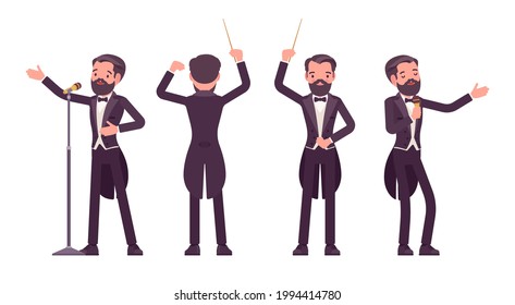 Musician, elegant tuxedo man singing, professional conducter with baton. Classical music event, concert, wedding party performance. Vector flat style cartoon illustration isolated, white background