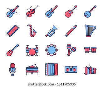 Musician equipment colorful linear icons set. Classic, rock, jazz and country music thin line contour symbols. Stringed, wind and percussion instruments isolated vector outline illustrations