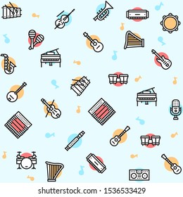 Musician equipment colorful linear icons set. Classic, rock, jazz and country music thin line contour symbols. Stringed, wind and percussion instruments isolated vector outline illustrations