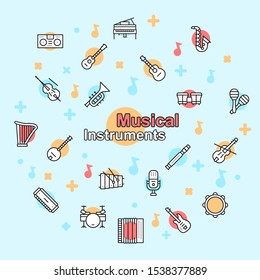 Musician equipment colorful linear icons set. Classic, rock, jazz and country music thin line contour symbols. Stringed, wind and percussion instruments isolated vector outline illustrations