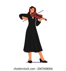 Musician Female Character Playing Violin on Scene. Girl in Long Dress with String Instrument Perform on Stage with Classical Music Concert. Instrumental Live Entertainment. Cartoon Vector Illustration