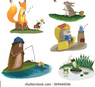 musician fox, broom rabbit, read a book on the sofa hedgehog fishing bear, singing frogs in the lake