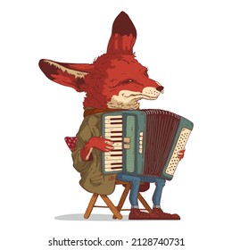 A musician fox, vector illustration. Calm anthropomorphic fox, wearing a jacket, sitting on folding chair, playing the accordion. Humanized fennec accordionist. An animal character with a human body.