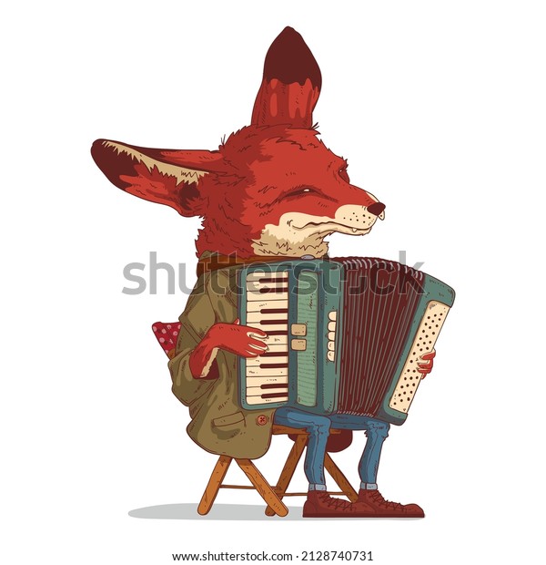 A musician fox, vector illustration. Calm\
anthropomorphic fox, wearing a jacket, sitting on folding chair,\
playing the accordion. Humanized fennec accordionist. An animal\
character with a human body.