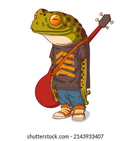 A musician frog, isolated vector illustration. Calm casually dressed anthropomorphic frog with a guitar on its back. Humanized songwriter toad. An animal character with a human body. A rock star