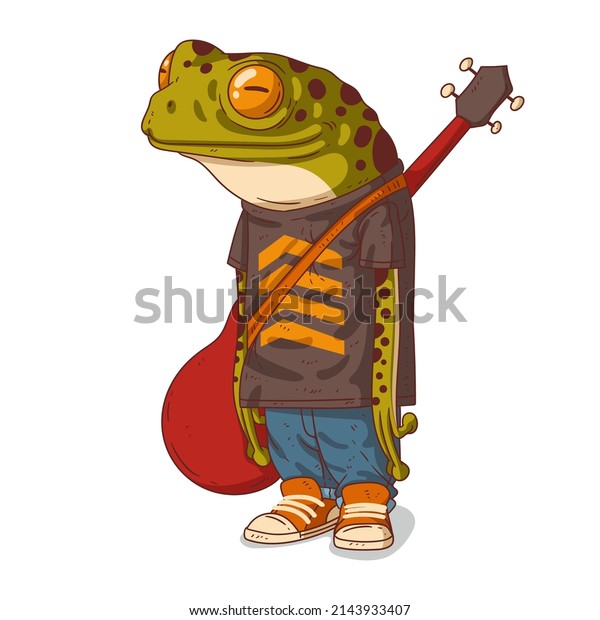 A musician frog, isolated vector illustration. Calm\
casually dressed anthropomorphic frog with a guitar on its back.\
Humanized songwriter toad. An animal character with a human body. A\
rock star