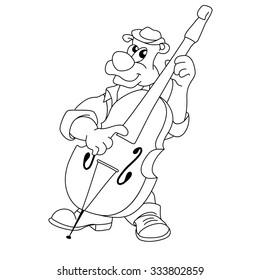 Musician funny bear plays double bass. Cartoon outline illustration of animal character for coloring book
