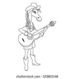 Musician funny horse plays guitar. Cartoon outline illustration of animal character for coloring book