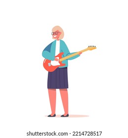 Musician Girl Playing Electric Guitar At Lesson In Musical School Or Talent Show, Kid Character Prepare To Music Performance On Scene Isolated On White Background. Cartoon People Vector Illustration
