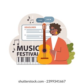 Musician grinning with her guitar, ready to be the headliner at the Music Festival. Notes float around as excitement builds for her performance. Flat vector illustration