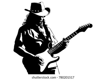 Musician with guirar in blues style on white background