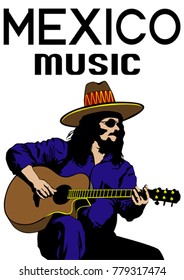 Musician with guirar in country style on a white background